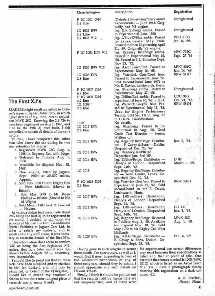 XJ Series 1 early chassis numbers
